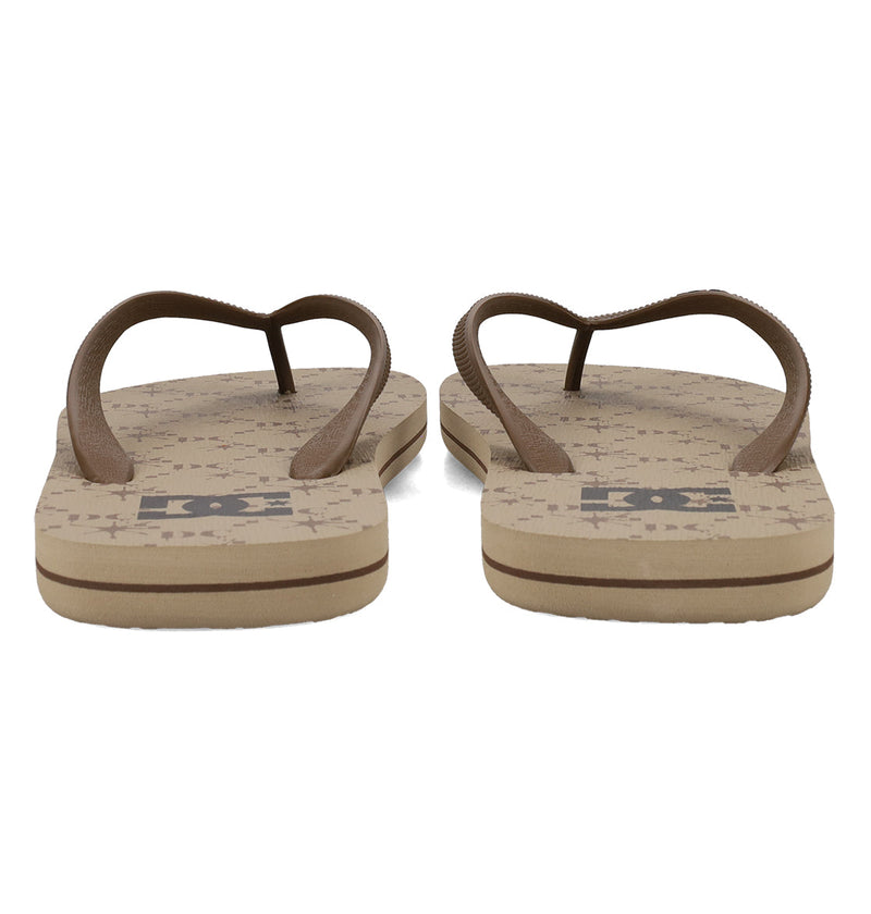 Men's Spray Graffik Slides by DC Shoes: beige flip-flops with brown straps, a subtle patterned footbed, and a dark logo near the heel—must-have slides for easy comfort.