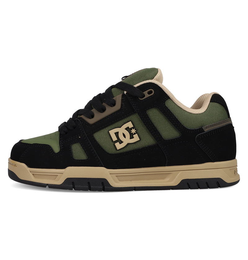 The DC Shoes Men's Stag Shoes in black, olive green, and beige feature cupsole construction, a thick sole, padded tongue, and the DC logo on the side, shown from the left.
