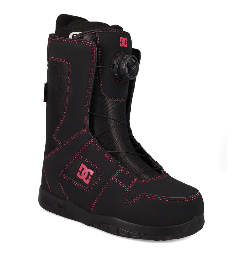 The Women's Phase BOA® Snowboard Boots from DC Shoes feature a sleek black design accented with pink stitching, the signature DC logo on the side, and an easy-to-use BOA® Fit System dial closure at the front—making them perfect for women who want performance and style on the slopes.