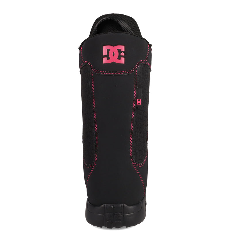 A rear view of the Women's Phase BOA® Snowboard Boots by DC Shoes in black, highlighting pink stitching and a pink DC Shoes logo near the top. These boots feature the BOA® Fit System for quick, secure adjustments.