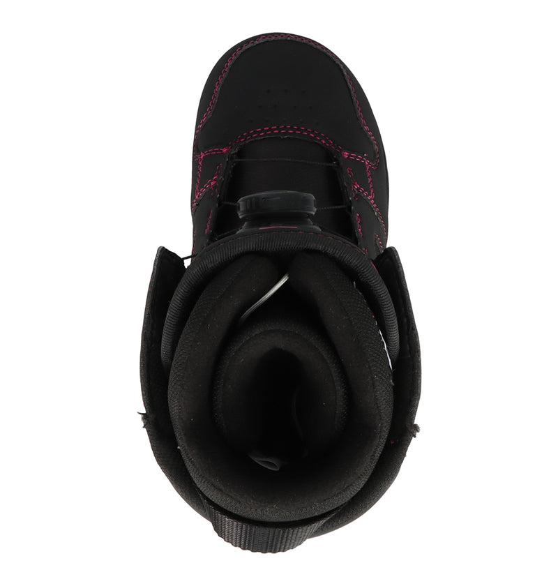 A top-down view of the Women's Phase BOA® Snowboard Boots by DC Shoes showcases the black design with pink stitching, highlighting the padded interior and tongue.