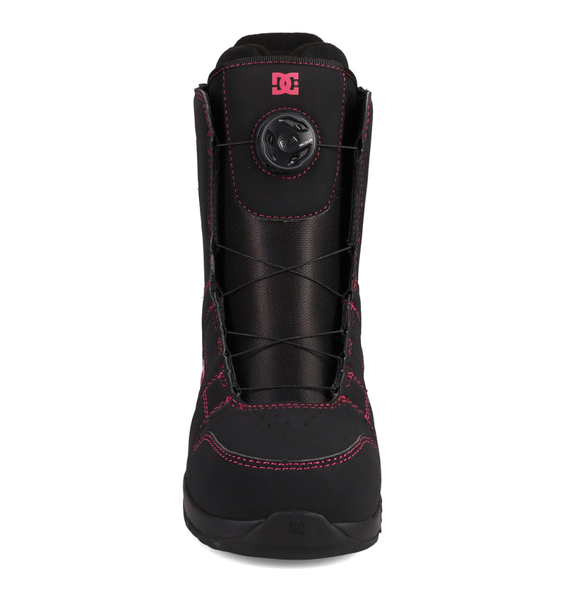 Front view of the DC Shoes Women's Phase BOA® Snowboard Boot in black, featuring pink stitching, a round BOA® Fit System dial on the tongue, and a pink DC logo near the top.
