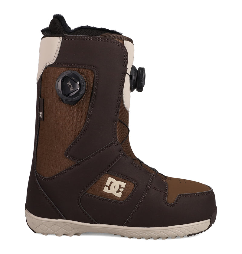 Brown Women’s Phase BOA® Pro Snowboard Boots by DC Shoes with a side-mounted dial and a patterned light-colored sole.