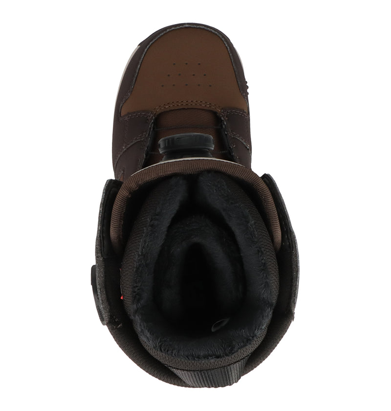 Top view of the DC Shoes Women's Phase BOA® Pro Snowboard Boot in brown, featuring black faux fur lining, two black Velcro straps on each side, and PrimaLoft insulation for enhanced warmth and comfort.