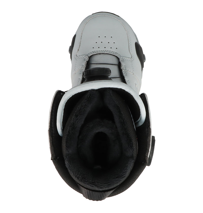 Top view of a single light gray and black rollerblade boot with an open ankle area, showcasing the padded black interior lining and fastening straps on the sides—designed with a level of precision comparable to DC Shoes Women's Phase BOA® Pro Step On® Snowboard Boots, which feature advanced closure technology like the BOA Fit System.