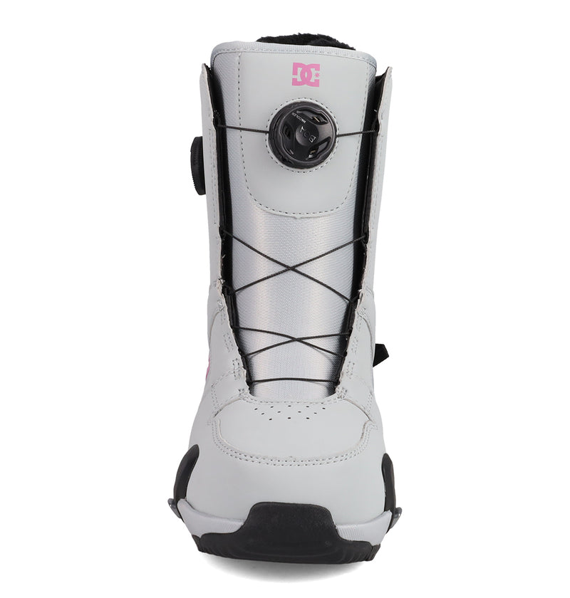 A front view of a single light gray DC Shoes Women's Phase BOA® Pro Step On® Snowboard Boot featuring black accents, a pink DC logo, and a circular BOA® Fit System lacing mechanism on the tongue.