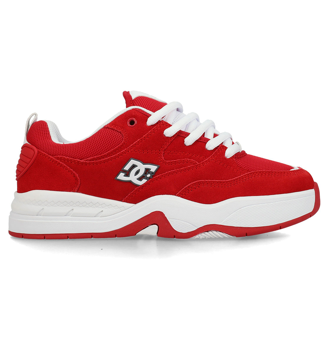 The DC Shoes Men's Ascend Skate Shoes feature a red mesh and suede upper, white sole, white laces, visible stitching, DC’s iconic logo on the side, and a chunky design for modern comfort and classic style.