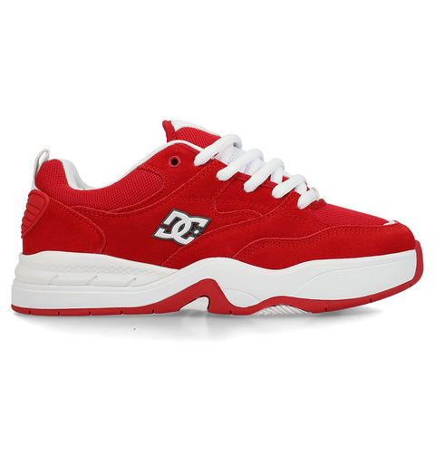 The DC Shoes Men's Ascend Skate Shoes feature a red mesh and suede upper, white sole, white laces, visible stitching, DC’s iconic logo on the side, and a chunky design for modern comfort and classic style.