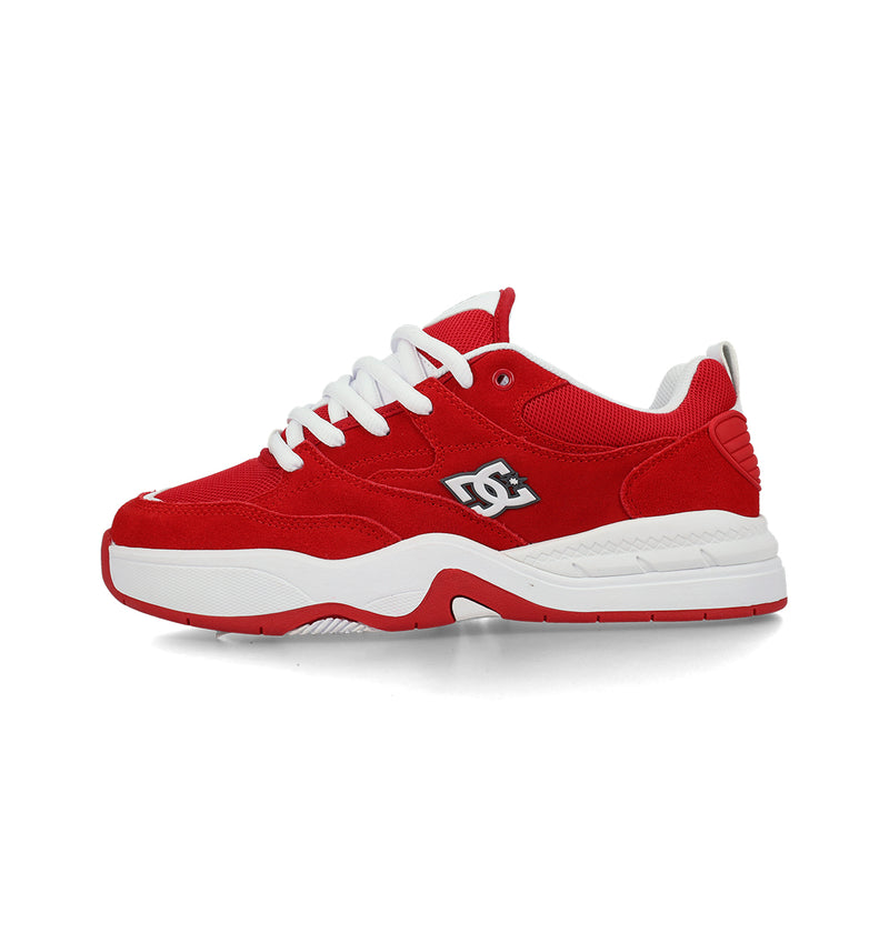 The Men's Ascend Skate Shoes by DC Shoes feature a red and white design inspired by the brand’s DNA and Josh Kalis, with a low-cut silhouette, textured upper and heel, white sole, and laces for modern comfort.