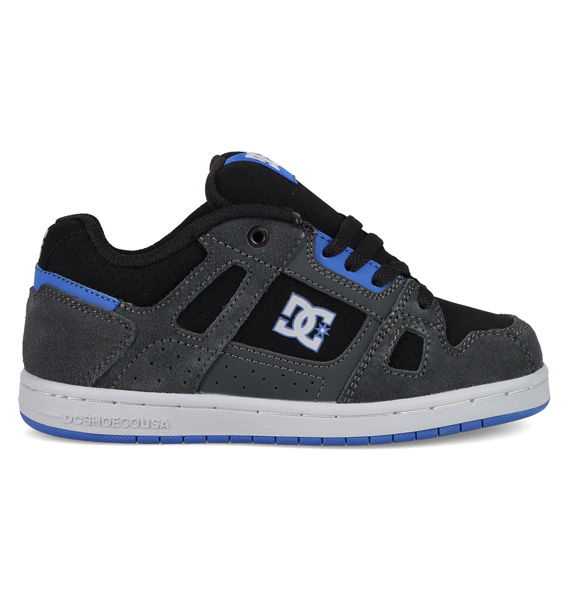 The Kids' Stag Shoes by DC Shoes have a black, gray, and blue design with the DC logo on the side. They feature cupsole construction, a white sole with blue accents, and black laces.