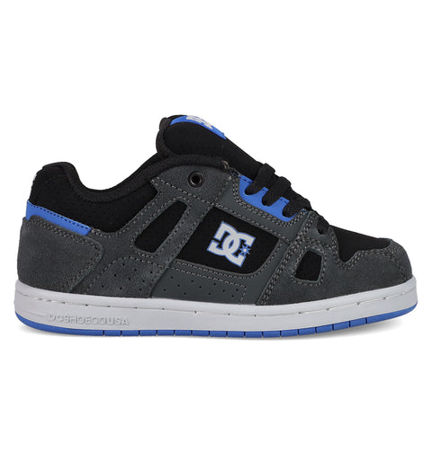 The Kids' Stag Shoes by DC Shoes have a black, gray, and blue design with the DC logo on the side. They feature cupsole construction, a white sole with blue accents, and black laces.