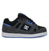 The Kids' Stag Shoes by DC Shoes have a black, gray, and blue design with the DC logo on the side. They feature cupsole construction, a white sole with blue accents, and black laces.