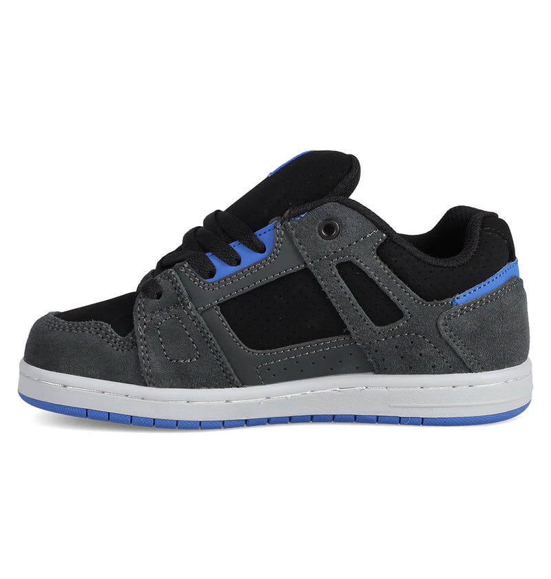 The Kids' Stag Shoes by DC Shoes are gray and black skate-style sneakers with blue accents, a white sole, and classic cupsole construction inspired by the iconic DC Stag skate shoes.