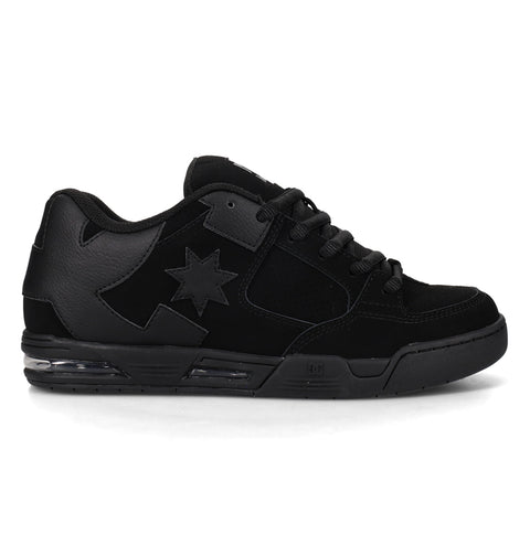 Black low-top DC Shoes Men’s Command skate shoe with a street-ready design, featuring a star logo on the side and a visible air cushioning unit in the heel.
