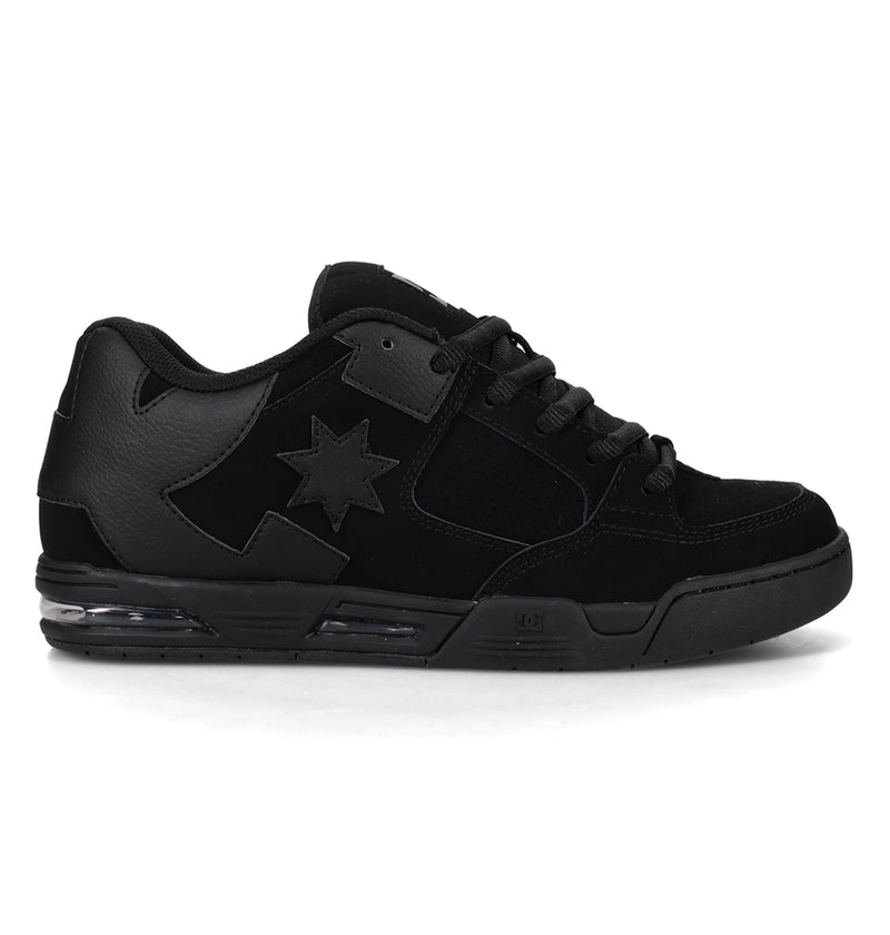 Black low-top DC Shoes Men’s Command skate shoe with a street-ready design, featuring a star logo on the side and a visible air cushioning unit in the heel.