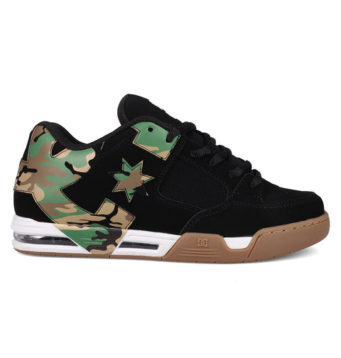 The Men's DC Command Shoes by DC Shoes feature a black upper, brown gum sole, camo detail on the heel and side, star logo, black laces, visible air-cushioned heel, and a street-ready design inspired by classic skate heritage.