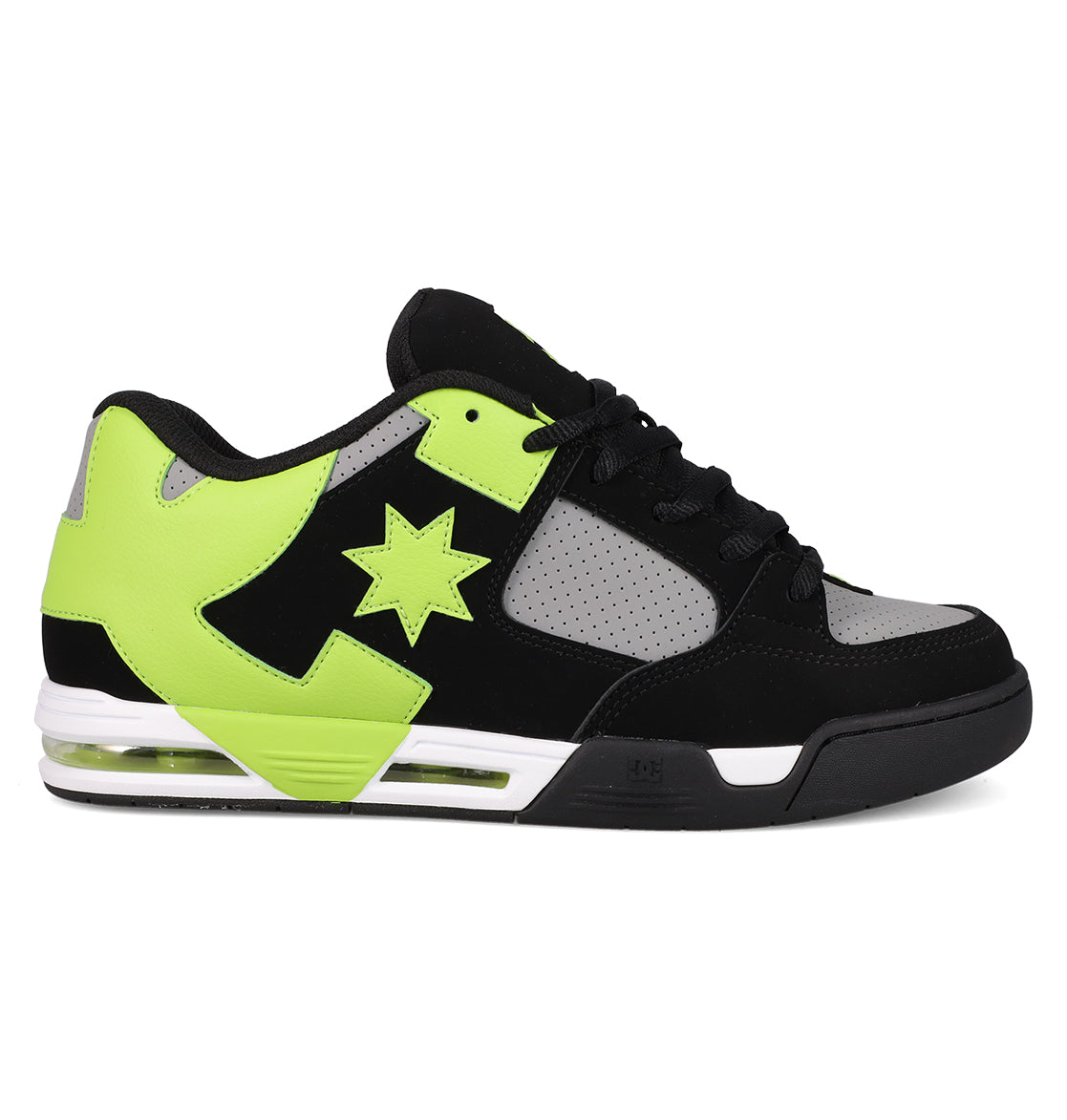 The Men's DC Command Shoes by DC Shoes feature black, gray, and neon green colors with a star side detail, perforated gray panels, black laces, and a thick sole with visible air cushioning—showcasing bold skate-inspired style.