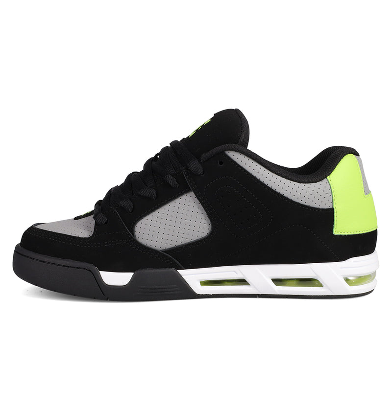 The Men's DC Command Shoes by DC Shoes feature a black and gray design inspired by the original, with perforated details, neon green heel and tongue accents, a white midsole with visible air cushioning, and a durable black outsole.