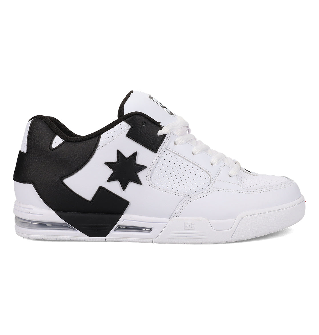 White and black sneaker with a star logo on a white background