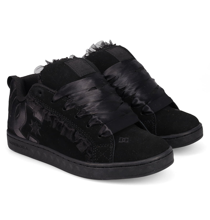 The Women's Court Graffik SD Shoes by DC Shoes feature a black suede upper, puffy silhouette, wide shiny black ribbon laces, black soles, and subtle star and logo details on the sides and heel.