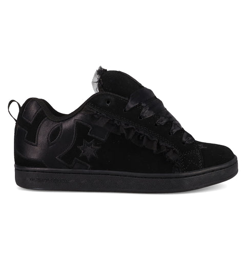 The DC Shoes Women's Court Graffik SD Shoes feature a black puffy silhouette, thick sole, wide satin laces, suede and satin materials, and a bold DC logo on the side.
