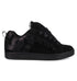 The DC Shoes Women's Court Graffik SD Shoes feature a black puffy silhouette, thick sole, wide satin laces, suede and satin materials, and a bold DC logo on the side.