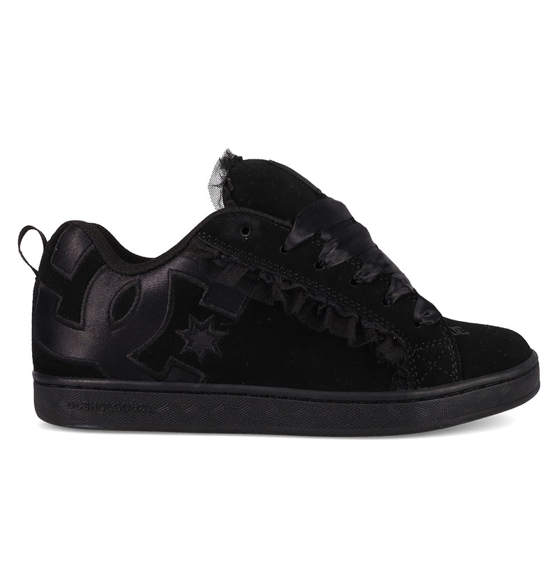 The DC Shoes Women's Court Graffik SD Shoes feature a black puffy silhouette, thick sole, wide satin laces, suede and satin materials, and a bold DC logo on the side.