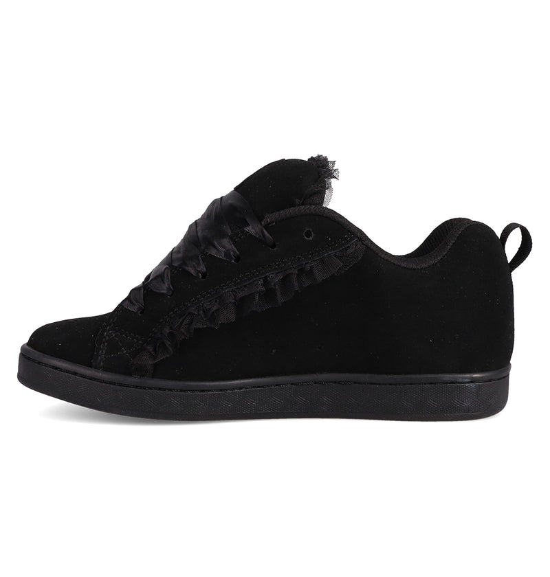 The Women's Court Graffik SD Shoes by DC Shoes feature a black suede upper, flat sole, black ribbon laces, and ruffled side trim—delivering a puffy silhouette that elevates any look.