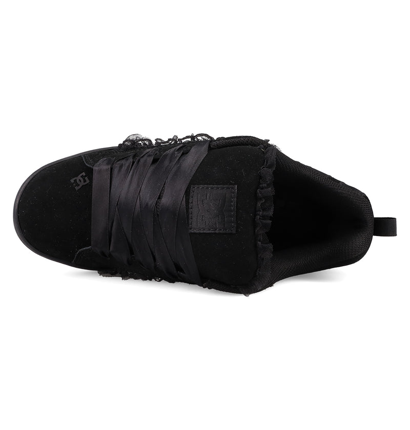 Top view of the Women's Court Graffik SD Shoes by DC Shoes in black, featuring a puffy silhouette, wide flat laces, textured upper, subtle branding near the toe and tongue, plus a heel pull tab.