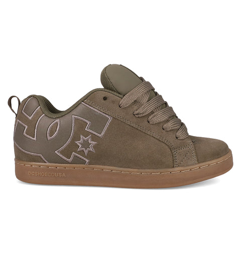 The Women's Court Graffik SD Shoes by DC Shoes feature a brown suede upper, gum sole, thick laces, and a large stitched DC logo with star on the side, plus a puffy silhouette for classic skate style.