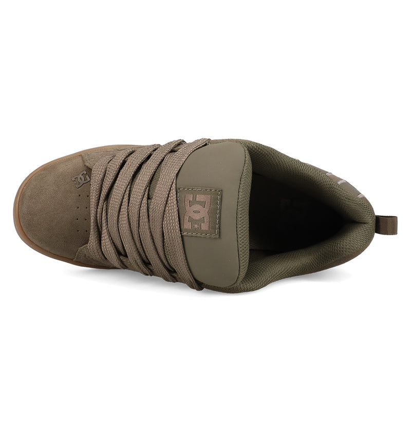 Top view of the Women's Court Graffik SD Shoes by DC Shoes, featuring a brown suede upper, puffy silhouette, thick laces, padded tongue with DC logo, and a convenient heel loop.