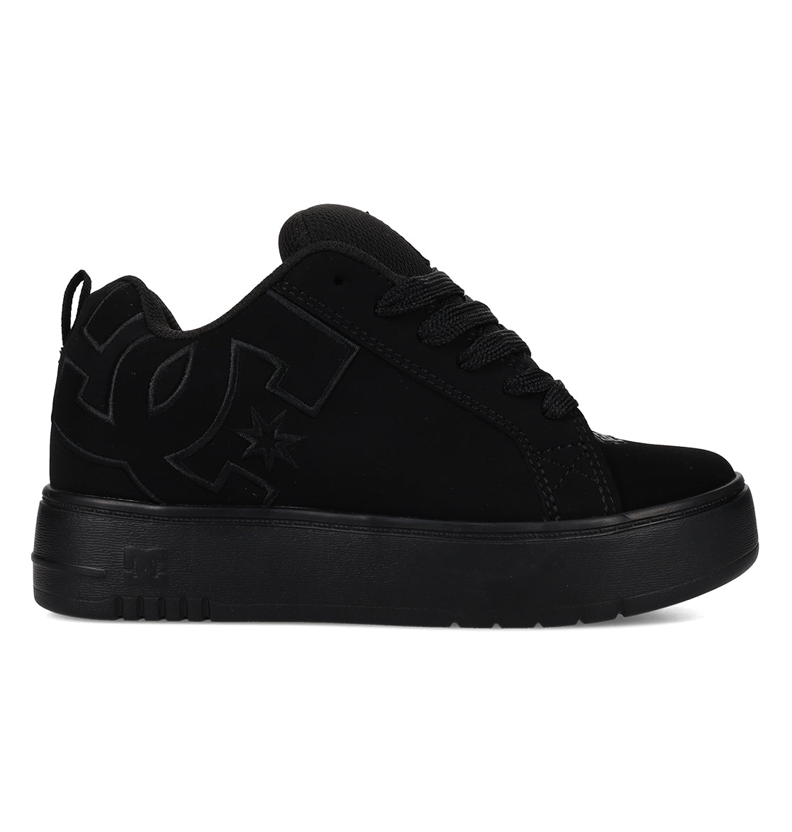 The Women's Court Graffik Platform Shoes by DC Shoes in black feature a thick sole, black laces, and a subtle logo on the side. Shown from the side against a white background.