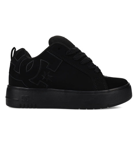 The Women's Court Graffik Platform Shoes by DC Shoes in black feature a thick sole, black laces, and a subtle logo on the side. Shown from the side against a white background.