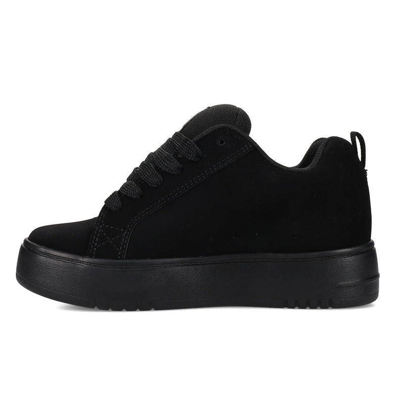 The Women's Court Graffik Platform Shoes by DC Shoes feature a thick sole, black laces, and a low-cut silhouette—ideal for anyone seeking stylish women’s footwear.