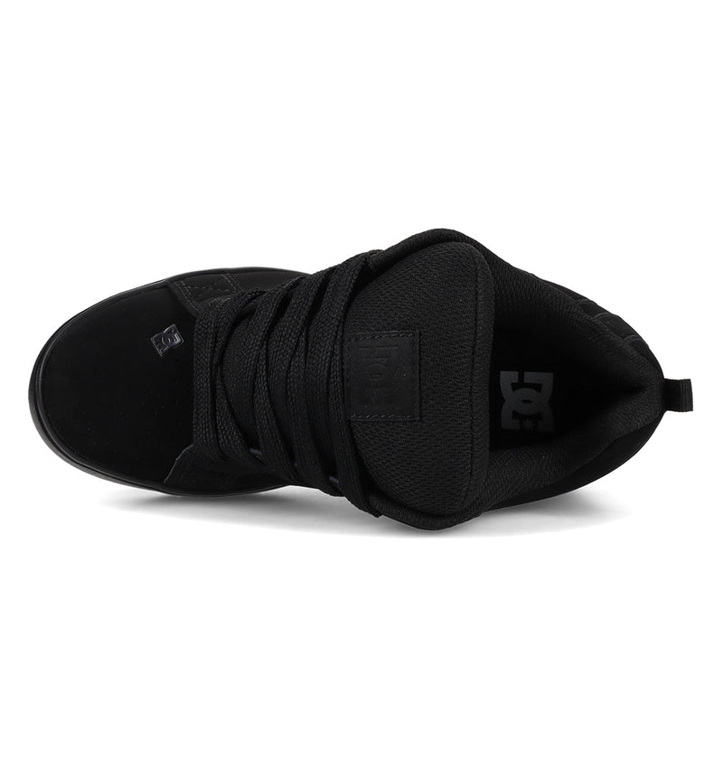 Top view of a black Women's Court Graffik Platform Shoe by DC Shoes featuring black laces, padded tongue, and visible DC logo on the side and insole—an iconic women's footwear choice.
