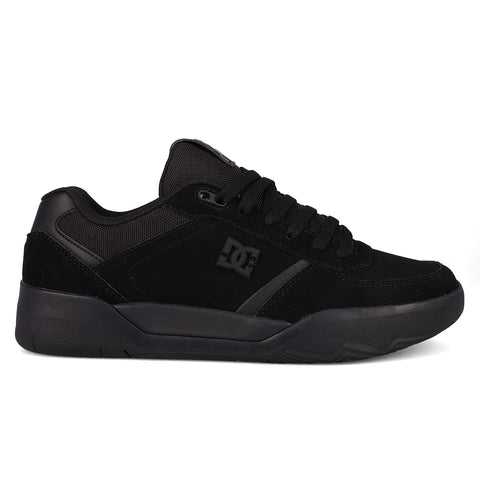 The DC Shoes Men's Fractal features a low-top silhouette in black, with a lace-up front, DC logo on the side, mesh and suede textures, and a thick rubber sole for street style and performance comfort.