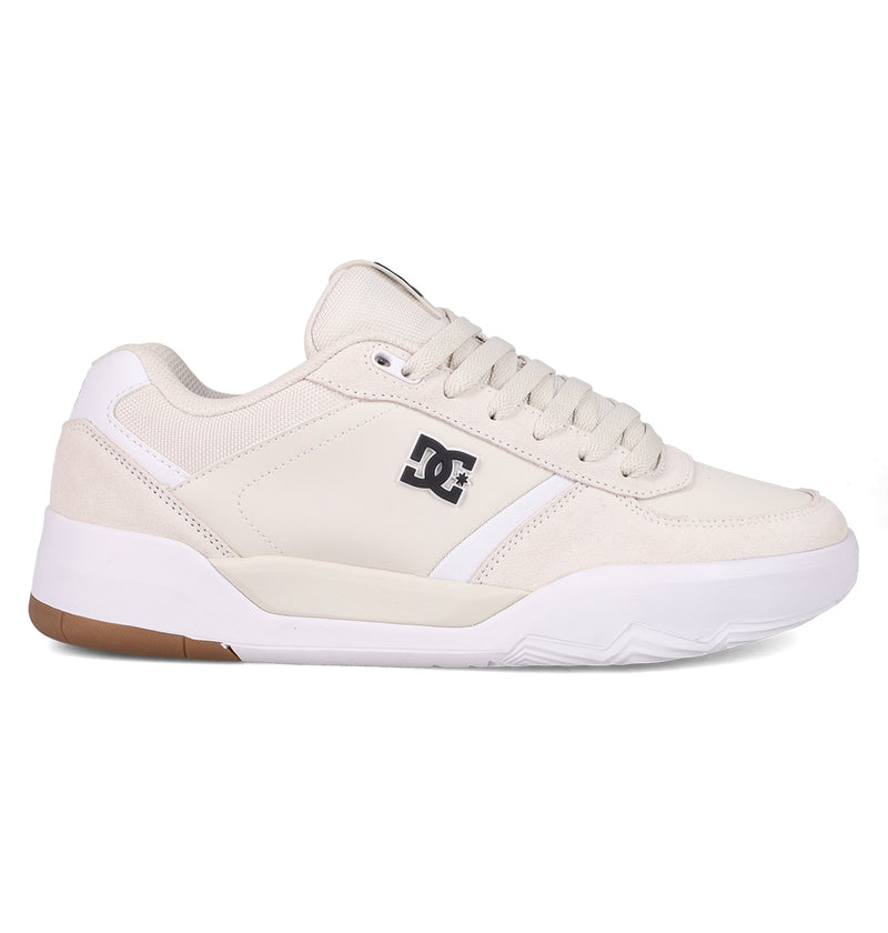 The DC Shoes Men's Fractal Shoes feature a beige low-top design with white accents, thick white sole, gum tread, and signature DC logo. Lace-up closure ensures street-ready style and performance-driven comfort for every step.