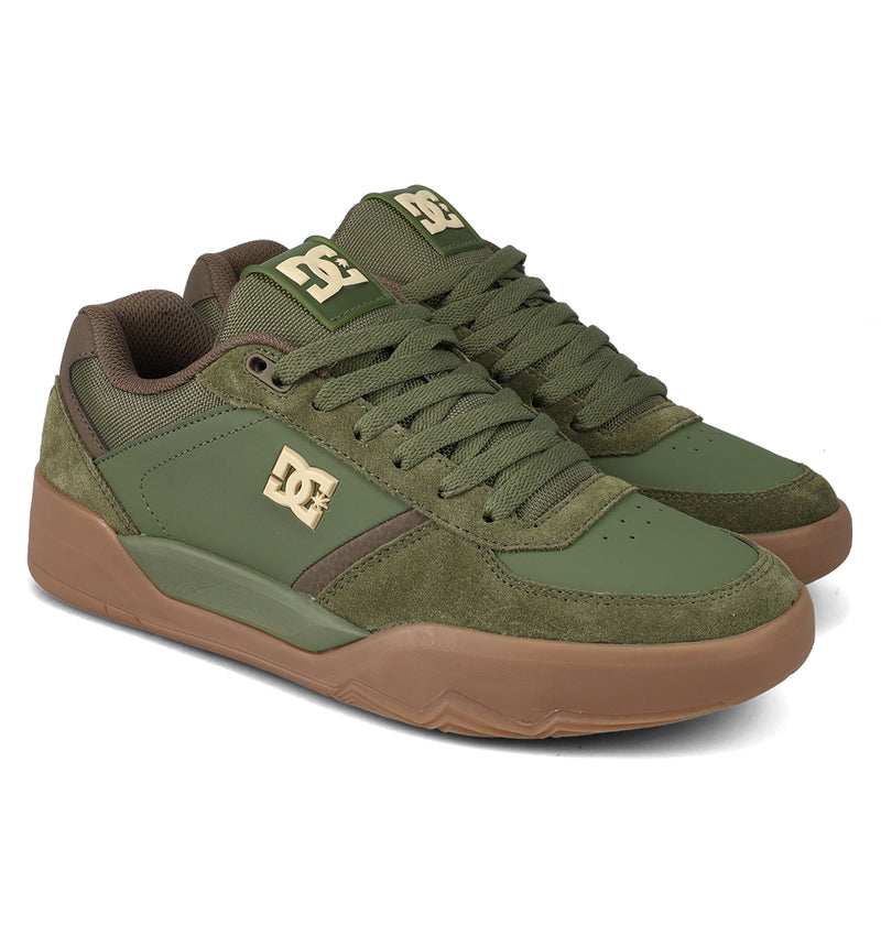 The DC Shoes Men's Fractal Shoes are low-top sneakers in olive green and brown with suede and leather panels, tan soles, gold DC logo, and green laces, offering performance-driven comfort and street-ready style.