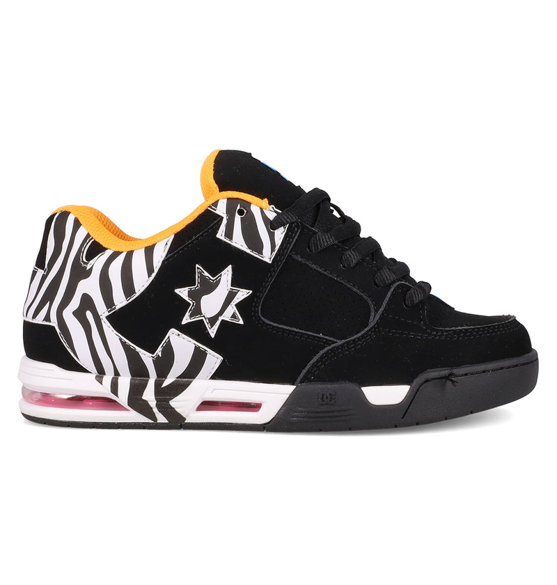 The Women's DC Command Shoes by DC Shoes feature black uppers with white zebra print accents, a white star on the side, orange inner lining, and a pink air cushion sole for bold, skate-inspired street style.