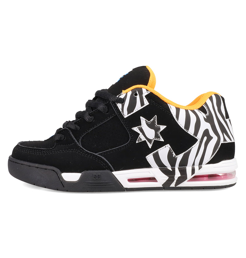 The Women's DC Command Shoes by DC Shoes feature a black upper, white midsole, zebra print accents on the side and heel, a white star logo, yellow lining, and a visible pink air cushion—delivering classic skate-inspired street style.