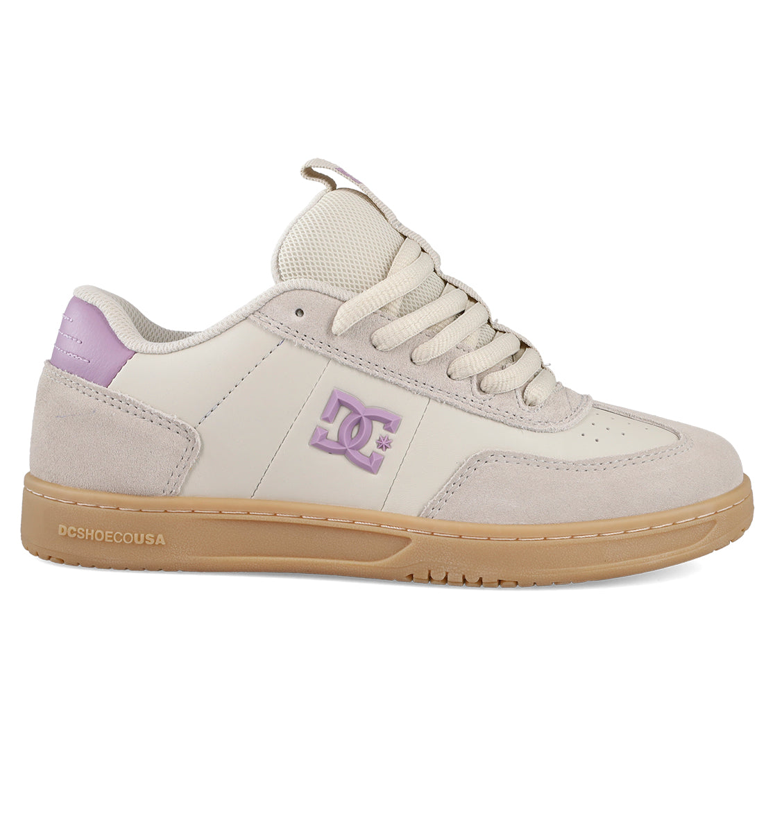 The Women's Astrix Shoes by DC Shoes feature a cream and beige design, gum sole, light purple accents on the logo, heel, and tongue, plus cream laces—crafted for board control in street skateboarding sessions.