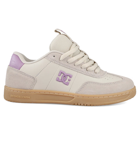 The Women's Astrix Shoes by DC Shoes feature a cream and beige design, gum sole, light purple accents on the logo, heel, and tongue, plus cream laces—crafted for board control in street skateboarding sessions.