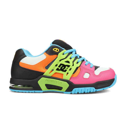 The Men's AT-2 Shoes by DC Shoes feature a colorful design with black, white, orange, pink, green, and blue accents, blue laces, an AEROTECH-labeled green sole detail, DC logo on the side, and an airband outsole for comfort.