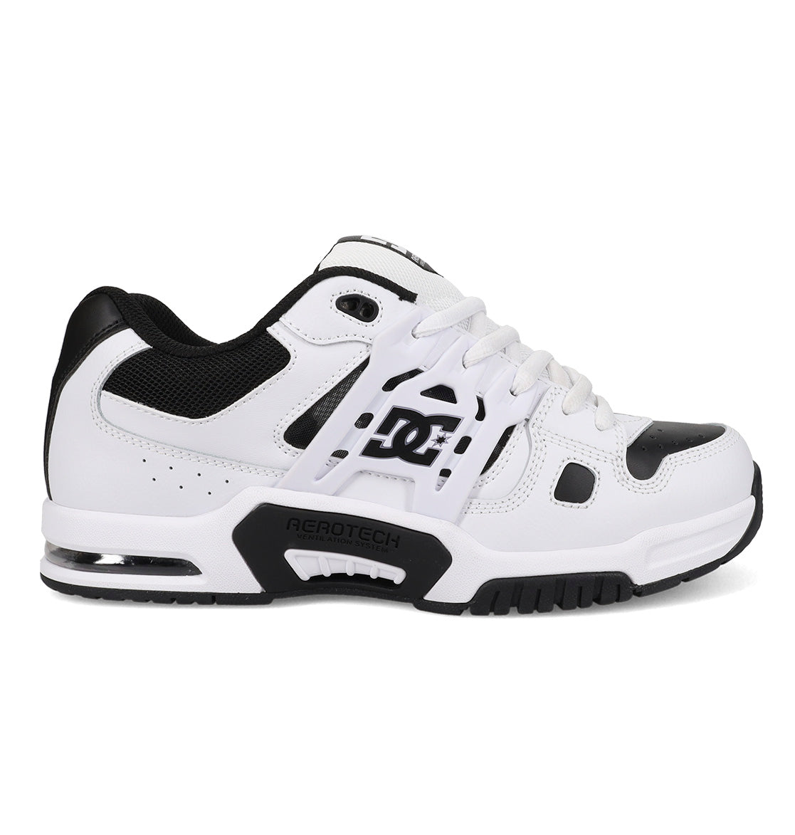 The Men's AT-2 Shoes by DC Shoes are white and black athletic sneakers featuring mesh detailing, a black sole with AEROTECH ventilation, TPU cage support, visible heel cushioning, DC logos on the side, and white laces.