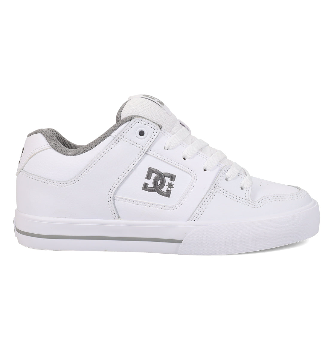 The Women’s Pure Shoes by DC Shoes feature a white design with gray detailing, including a gray stripe on the sole and a gray DC logo on the side. This low-top lace-up shoe comes with white laces and is crafted with a padded collar and tongue for added comfort. Engineered with lightweight cushioning for superior impact absorption, these shoes are ideal for both style and performance.