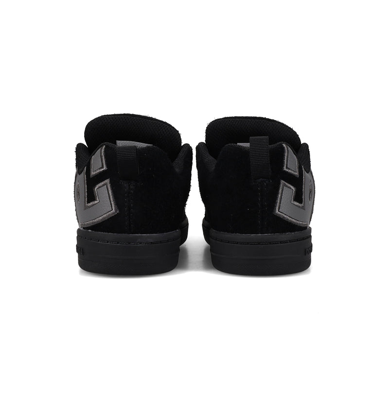 Back view of DC Shoes Kids' Court Graffik Special Edition Shoes in black with black soles and gray geometric heel designs, placed side by side on a white background.