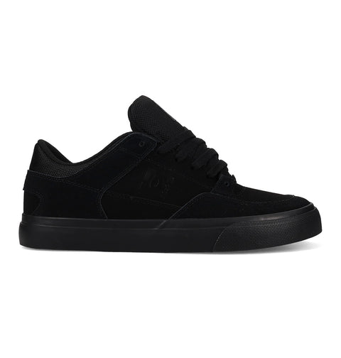 The Men's Onyx Shoes by DC Shoes feature a black low-top design with an Onyx suede and mesh upper, thick rubber sole, and black laces, displayed in side profile against a white background.