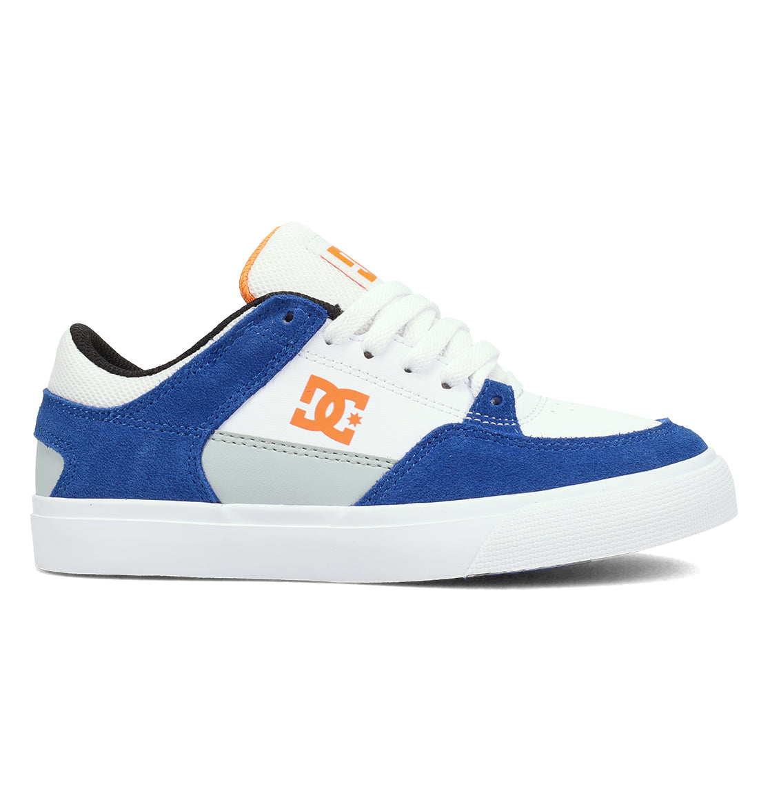 The Kids' Onyx Shoes by DC Shoes feature a minimal white and blue design with an orange side logo, white laces, and a white rubber sole—perfect for everyday comfort and style.