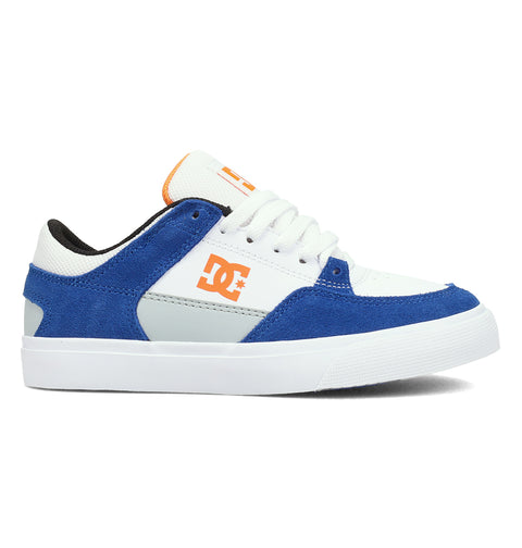 The Kids' Onyx Shoes by DC Shoes feature a minimal white and blue design with an orange side logo, white laces, and a white rubber sole—perfect for everyday comfort and style.