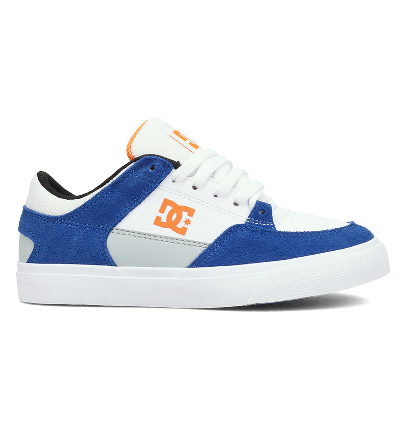 The Kids' Onyx Shoes by DC Shoes feature a minimal white and blue design with an orange side logo, white laces, and a white rubber sole—perfect for everyday comfort and style.